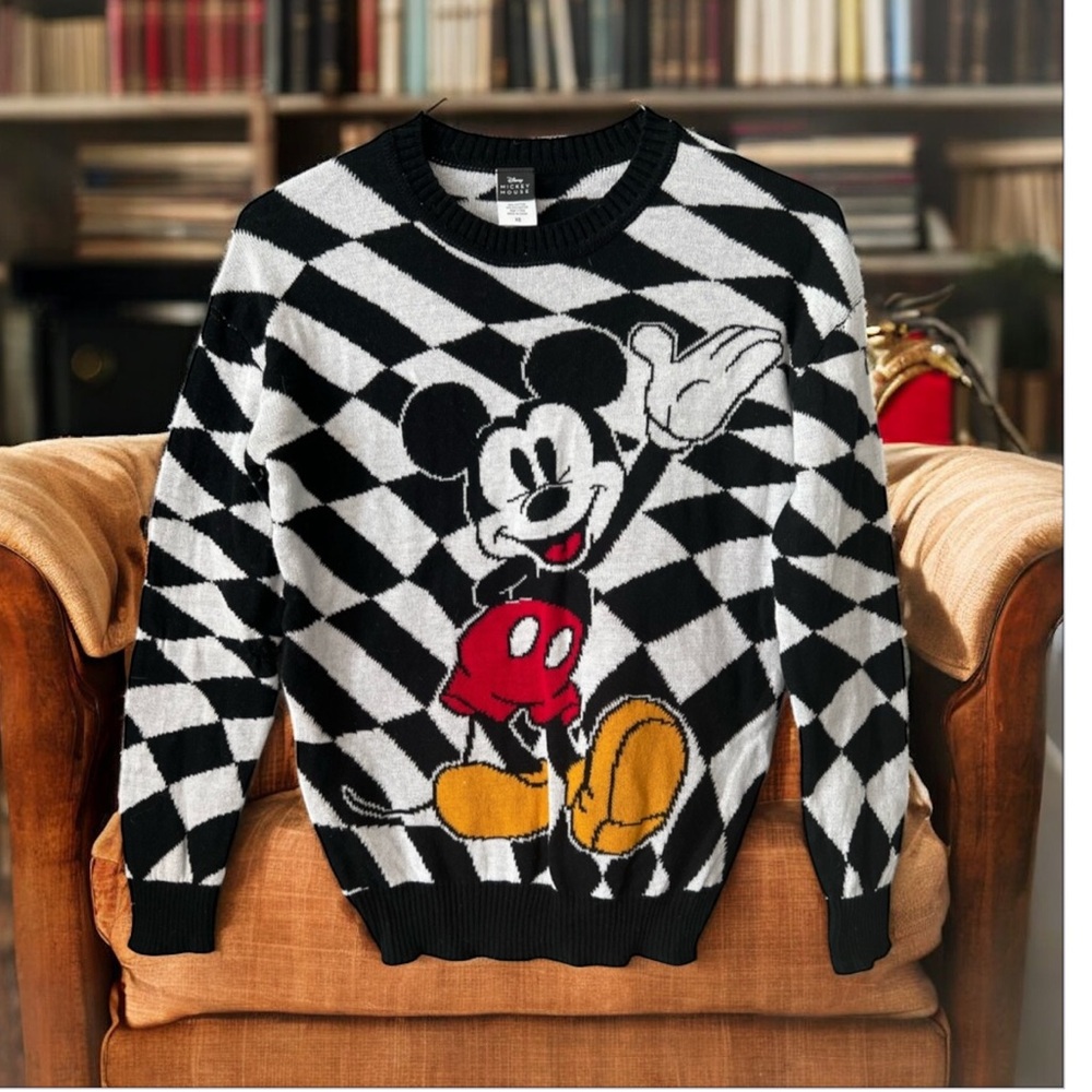 Disney Mickey Mouse Sweater Black White Checkered Knit Pullover Size‎ XS